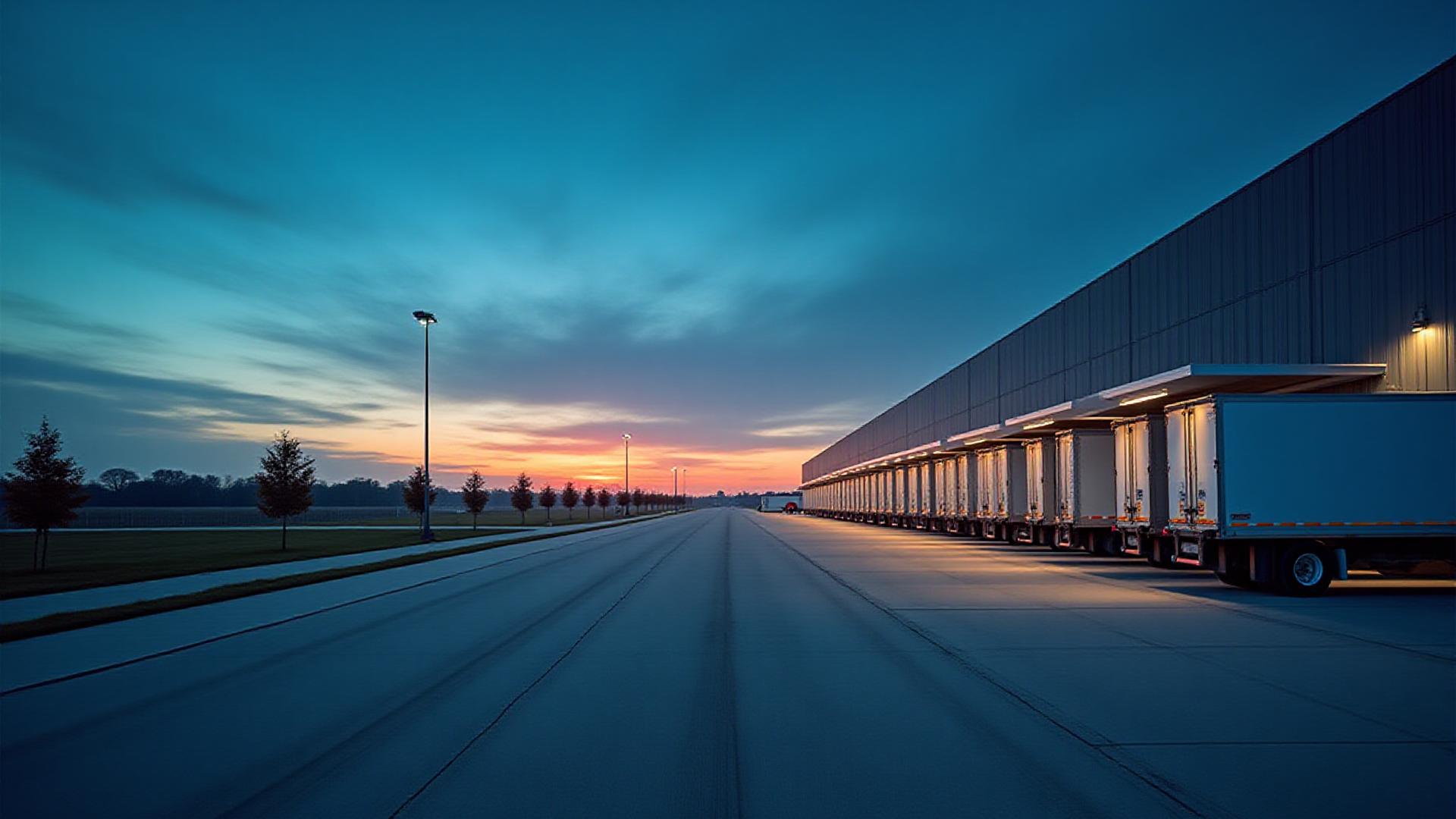 Mississippi landscape at dusk with a well-lit logistics facility