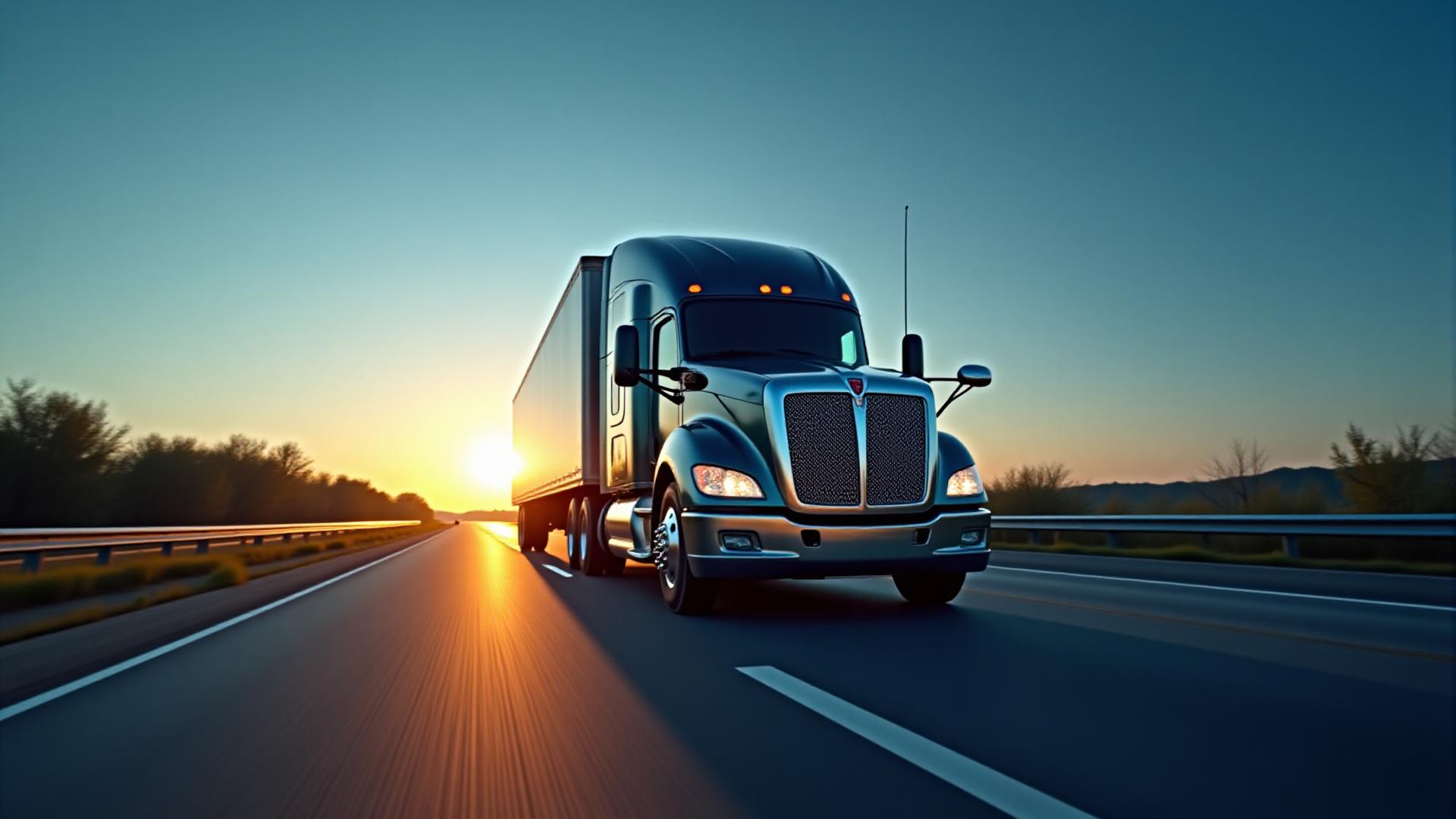 Simmons Trucking heavy-duty fleet on a Mississippi highway at dawn