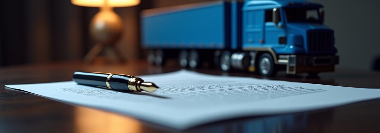 Close up of professional legal documents and a model truck on a dark executive desk